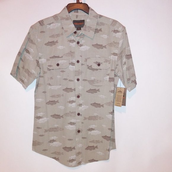 Northwest Territory Button Up Shirt Mens Small Short Sleeve Beige Taupe Fish Pri - Picture 2 of 10